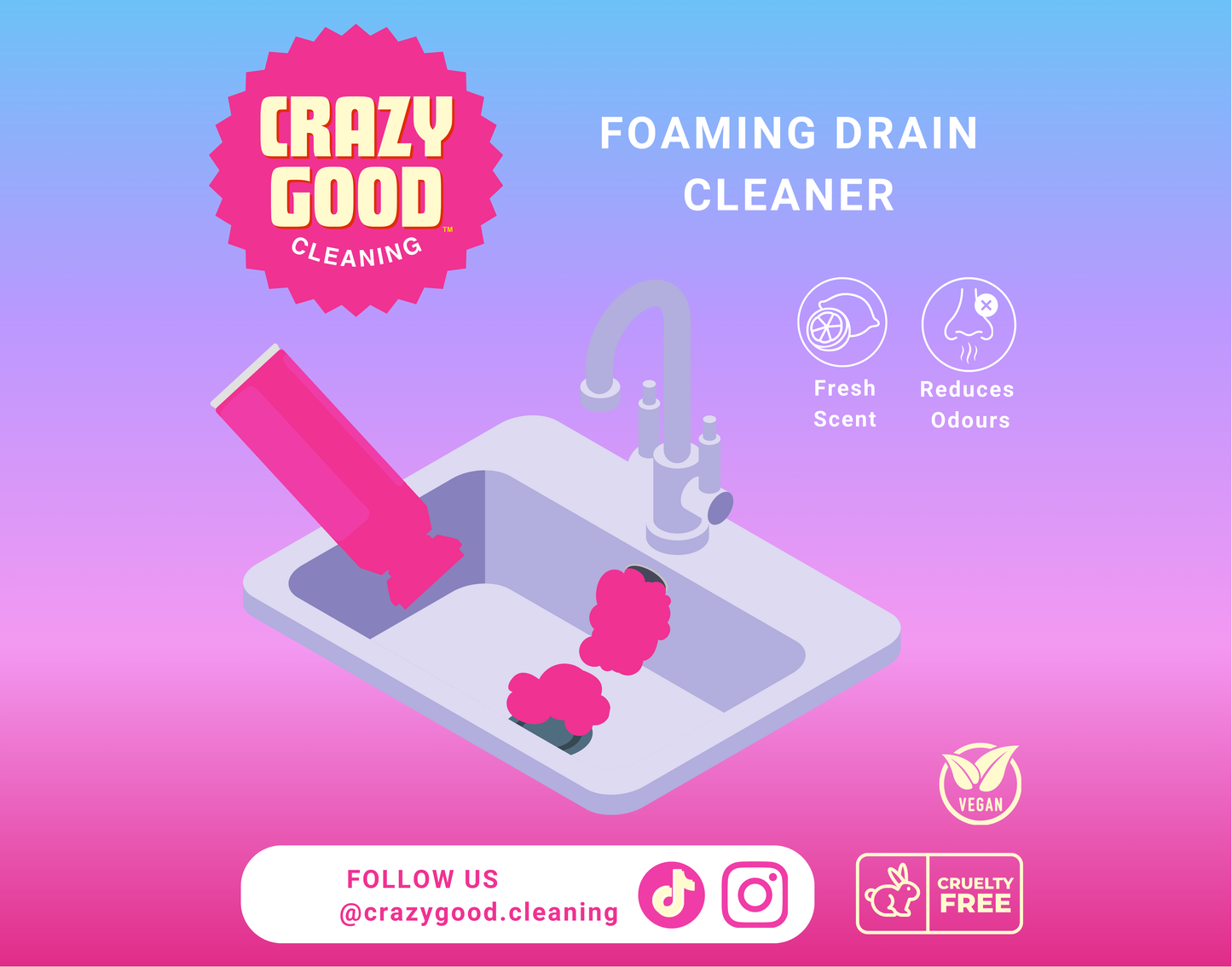 CRAZY GOOD FOAMING DRAIN CLEANER pěnový čistič odpadu s vůní, Lemon Fresh (450 ml)